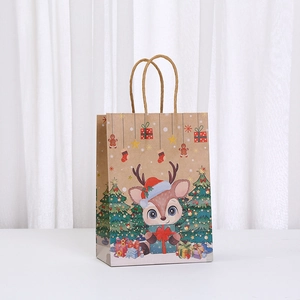 Cartoon Christmas kraft paper gift bag with reindeer print and sturdy twisted rope handles