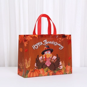 Large capacity Thanksgiving gift bag with turkey pumpkin print and red handles