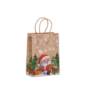 Christmas kraft paper gift bag featuring Santa and tree print with twisted handles
