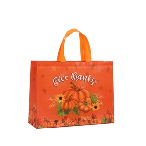 Reusable non-woven harvest gift bag with pumpkins and 'Give thanks' text