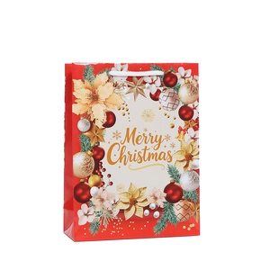 Christmas themed paper gift bag with red poinsettia floral patterns and gold Merry Christmas text