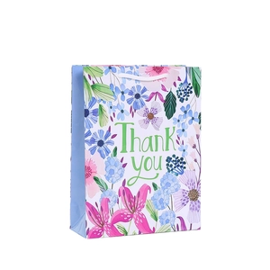 Floral Thank You paper gift bag with woven handles for party favors and holidays
