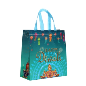 Blue Diwali gift bag with Happy Diwali print and mandalas for festive party packaging