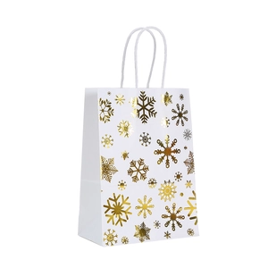 White Christmas gift bag with gold foil snowflakes and sturdy twisted handles