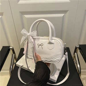 Women PU Leather Shoulder Bag Sweet Bow Lace Heart Mini Boston Crossbody Bag Y2K Lolita Style Versatile Handbag Gift