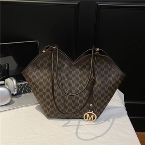 Women's Boston tote bag with retro M-print, V-shaped cut, and gold metal pendant