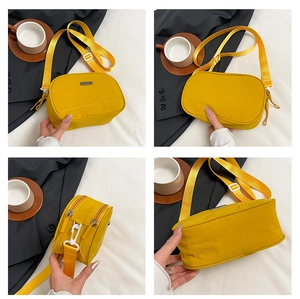 Detailed four-angle view of a bright yellow nylon shell bag with adjustable shoulder strap
