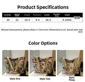 Detailed size chart and product parameters for the floral canvas tote bag for women
