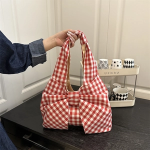 Sac à Bandoulière Femme avec Grand Nœud Sac Cabas Vichy Sac à Main de Shopping Léger Décontracté Style Coréen Plissé