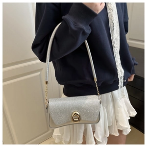 Détail du sac bandoulière argenté à paillettes avec boucle fer à cheval dorée et chaîne