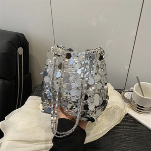 Fashion Sequin Bucket Bag For Women Metal Chain Strap Shiny Metallic Shoulder Crossbody Bag For Party Wedding Evening