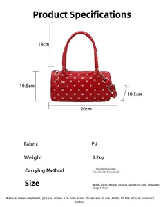 Polka dot pillow handbag size chart with measurements and PU material details