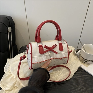 Women Sweet Bow Polka Dot Boston Bag Lace Ruffle Mini Cylinder Shoulder Bag Heart Pendant Handbag Synthetic Leather Fabric Crossbody Bag