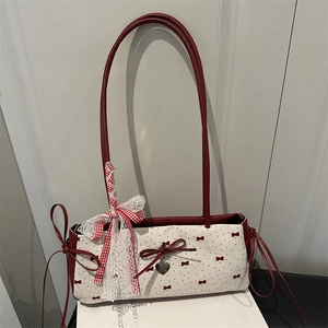 Women Sweet Bowknot Polka Dot Underarm Bag Canvas Synthetic Leather Shoulder Bag Heart Pendant Lace Gingham Bow Accent