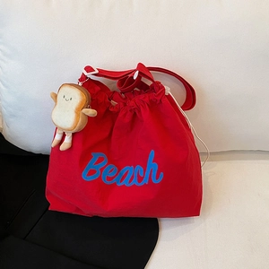Japanese Ins Style Washed Cloth Tote Bag Drawstring Shoulder Bag With Cute Toast Plush Pendant Beach Letter Printed Large Capacity Commuting Crossbody Bag