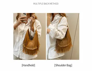 Detail of bohemian style shoulder bag with multi-layer fringes and dual carrying options