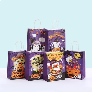 Detailed set of purple Halloween gift bags with pumpkin and ghost themed patterns