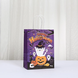 Halloween purple paper gift bag with ghost and pumpkin designs and white handles