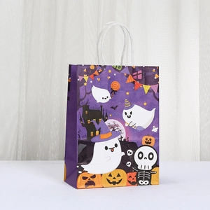 Purple Halloween gift bag with ghosts and pumpkins on white background for holiday parties
