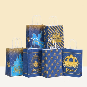 Prince Crown Theme Kraft Paper Gift Bags For Kids Birthday Party Favors Little Prince Castle Carriage Pattern Handbag