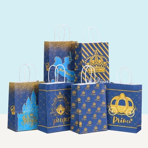 Detail of 6 prince theme gift bags featuring blue and gold crowns and castle prints