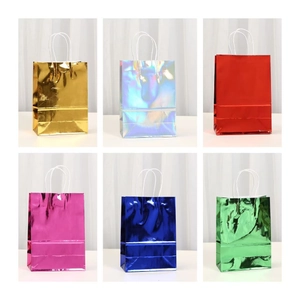 Metallic Holographic Kraft Paper Gift Bags With Handles For Party Wedding Holiday Presents Solid Color Shopping Carry Pouches For Gifts