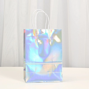 Holographic laser kraft paper gift bag with white rope handles for Christmas packaging