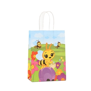 Sacchetto regalo in carta con ape cartoon e fiori colorati per feste di bambini
