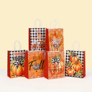 Sacs Cadeaux en Papier Kraft Action de Grâce Automne Citrouille Feuille d'Erable Carreaux Buffalo Avec Poignée