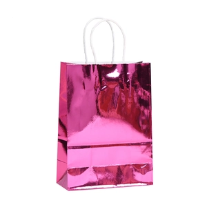 Metallic rose red kraft paper gift bag with white twisted rope handles and glossy finish