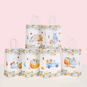 Detail of 6pcs Halloween pumpkin paper gift bags with floral and truck watercolor prints