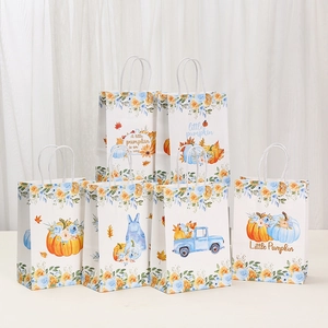 Cartoon Animal Little Pumpkin Kraft Paper Gift Bags For Autumn Forest Party Baby Shower Supplies Floral Print Handbag