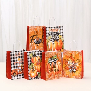 Thanksgiving Kraft Paper Gift Bags With Handles Hello Fall Pumpkin Maple Leaf Pattern Holiday Party Favor Treats Bags For Autumn Harvest