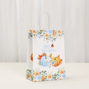 White gift bag with little pumpkin design, watercolor flowers and paper rope handles