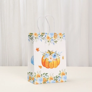 Elegant floral pumpkin kraft gift bag with watercolor design and sturdy rope handles