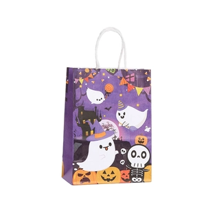 Halloween gift bag with purple cartoon ghosts and pumpkins with white rope handle