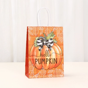 Orange Thanksgiving pumpkin gift bag with hello PUMPKIN text and checkered bow detail