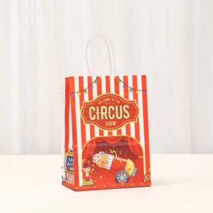 Cartoon circus themed kraft paper gift bag with red white stripes and rope handle