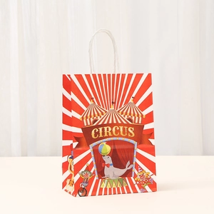 Circus themed paper gift bag with red white stripes and cartoon illustrations
