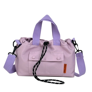Light purple waterproof nylon crossbody bag with drawstrings and orange label detail