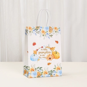 Detail of paper gift bag with pumpkin floral prints and white twisted rope handles