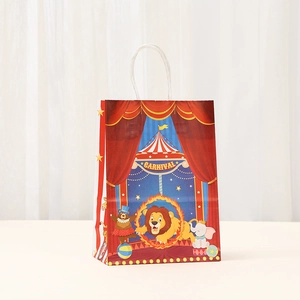 Detail of carnival theme kraft gift bag with circus cartoon prints and white rope handles