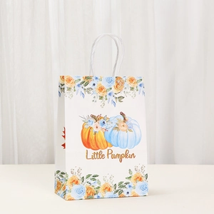 Detail of white Halloween paper gift bag with Little Pumpkin watercolor and rope handle
