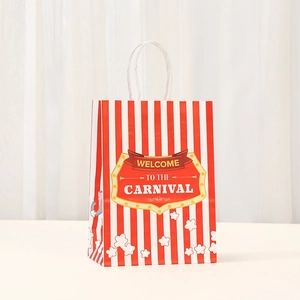 Detail of red and white striped circus gift bag with Welcome to the Carnival logo