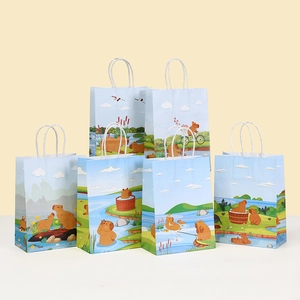 Sac Cadeau en Papier Imprimé Capybara de Dessin Animé Avec Poignée Pour Fête Anniversaire Mariage Shopping Emballage Sac à Main Portable