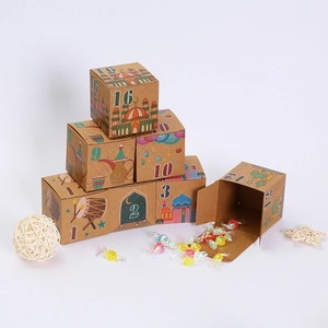Brown kraft paper Ramadan countdown calendar gift boxes with colorful festive patterns