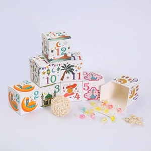 White Ramadan countdown gift box set with colorful mosque illustrations and paper bags