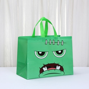 Waterproof green Halloween tote bag with Frankenstein monster face pattern and handles