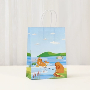 Cartoon capybara kraft paper gift bag with handles for party favors and shopping