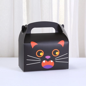 Halloween black cat themed muffin box with handle and festive cartoon print pattern